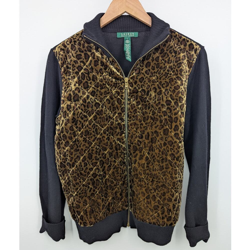 Lauren Ralph Lauren Leopard Print Quilted Velvet Zip Large Jacket Y2K Classic